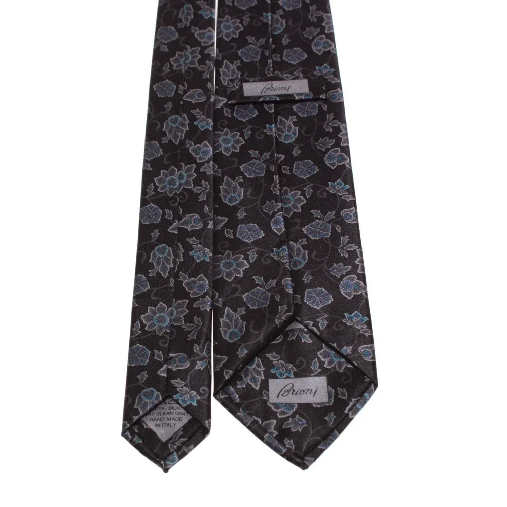 Brioni NWOT Neck Tie in Black with Gray & Blue Floral Print 100% Silk
